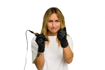 Tattoo artist caucasian woman isolated on green chroma background showing fist to camera, aggressive facial expression.