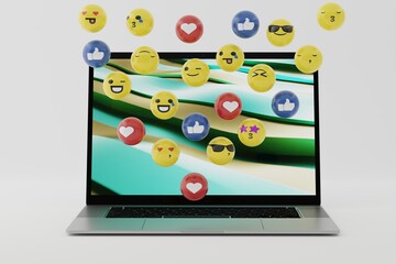 Emoticons coming out of the computer, laptop. Social media concept, using emoticons among internet users. Emoji in use. Various facial expressions and emoticons. 3D render, 3D illustration.