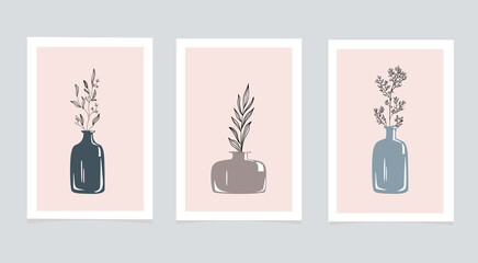 Gallery of abstract wall art, a set of 3 branches in a vase in vintage style, design with hand-drawn lines in fashionable color. Contemporary art, poster, collage, social networks, stories.