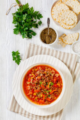 Hamburger Soup with barley and vegetables in bowl