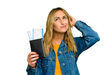 Young caucasian woman holding a passport isolated on green chroma background touching back of head, thinking and making a choice.