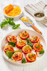 Baked Tomatoes with Mozzarella, Cheddar, Parmesan