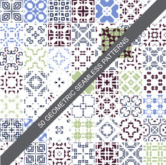 Collection of 50 colourful seamless vector patterns. Elegant color oriental backgrounds. Creative tile mosaic design. Big set of prints.