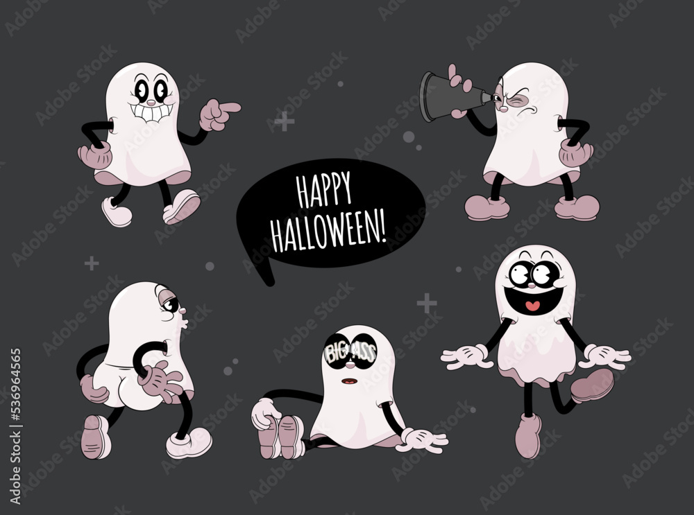 Wall mural set of retro cartoon stickers with funny comic ghosts. cute comic gloved hands characters in contemp