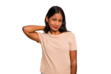 Young Indian woman isolated suffering neck pain due to sedentary lifestyle.