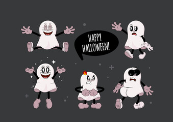 Set of retro cartoon stickers with funny comic ghosts. Cute comic gloved hands characters in Contemporary style. Doodle comic characters for autumn holiday of the halloween.