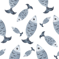 Watercolor Scandinavian Fish Seamless Pattern, Blue Digital Paper, Skandi Minimalism Decor
