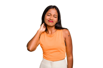 Young Indian woman isolated having a neck pain due to stress, massaging and touching it with hand.