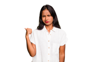 Young Indian woman isolated shocked pointing with index fingers to a copy space.