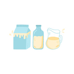 Milk in jar, bottle, glass and cardboard package