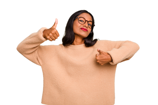 Young Indian woman isolated showing thumbs up and thumbs down, difficult choose concept