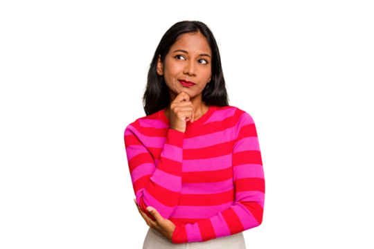 Young Indian woman isolated looking sideways with doubtful and skeptical expression.