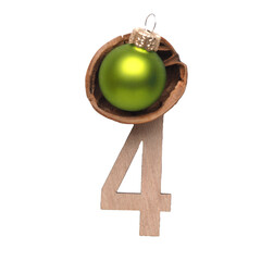Wooden number four, fourth December, Advent calendar, wooden number on a transparent background