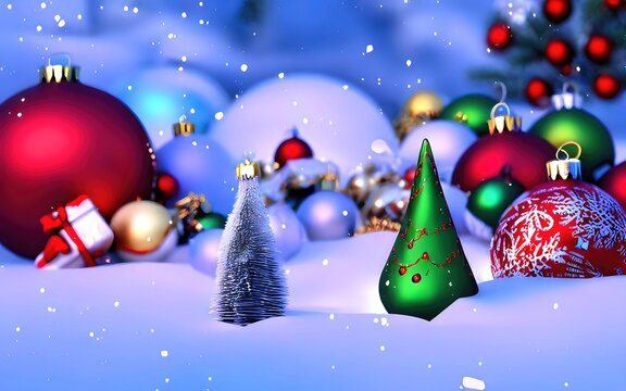 Christmas tree toy with red ball decoration with winter ornament sphere bauble. Merry holiday celebration 3D background