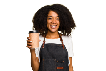 Young african american woman barista holding a takeaway coffee happy, smiling and cheerful.