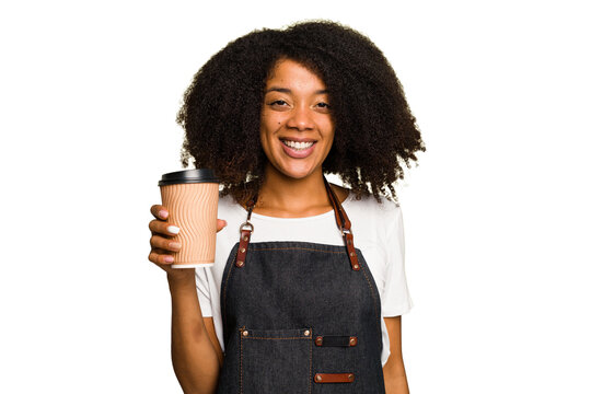 Young African American Woman Barista Holding A Takeaway Coffee Happy, Smiling And Cheerful.