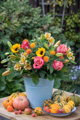 Obraz na płótnie Canvas Blumenstrauß mit pink Rosen, Sonnenblumen, Lilien und Färberdisteln im vintage Eimer im Herbstgarten