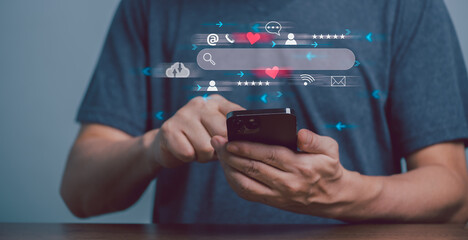 Search engine optimization, SEO, Searching Browsing Internet Data Information Networking Concept, Businessman use smartphone, cloud interface, chat, e-mail, searching data on internet networking.