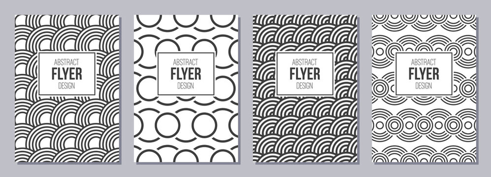 Set of flyers, posters, banners, placards, brochure design templates A6 size with circles, scale ornaments. Graphic design for greeting, invitation cards. Vector gray and white backgrounds.