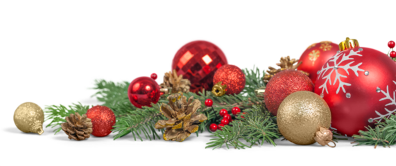 Christmas decorations with  tree branches and  baubles  isolated on white background