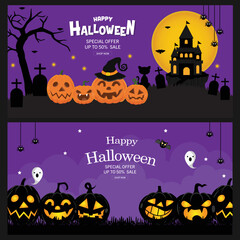 Halloween Sale Promotion Poster or banner with spooky flying ghosts, spiders,bats and scary pumpkins