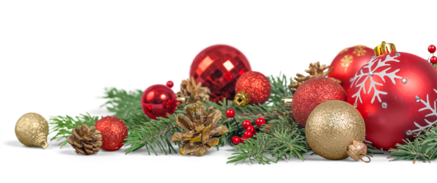 Christmas decorations with  tree branches and  baubles  isolated on white background