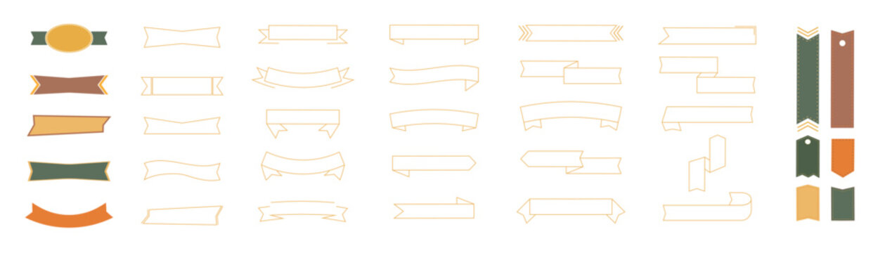 Set of ribbons element vector. Collection of flat, curve, green, brown, frame ribbons on white background. Illustration design for decorative, banner, sticker, prints, artwork, card, documents.