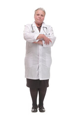 Front view of caucasian doctor is smiling on white isolated background