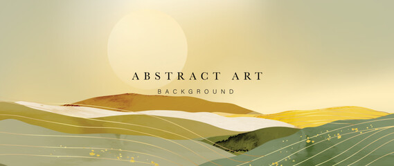 Abstract mountain and golden line arts background vector. Watercolor oriental style, landscape, sun, hills with gold, curve lines texture. Wall art design suitable for home decor, wallpaper, prints.