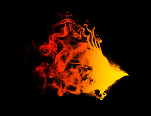 Silhouette of a flying raven with spread wings in beautiful flames, isolated on a black background. Silhouette of a flying raven on fire. Big large size. - 536968184