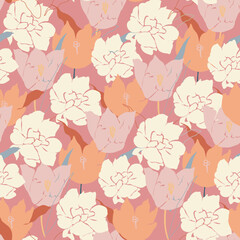 Trendy soft pastel tulip and peony seamless pattern. Hand drawn floral silhouette composition on pink background. Beautiful blossom flowers background. Vector illustration