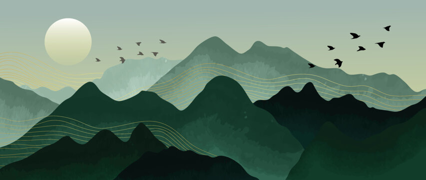 Abstract mountain and golden line arts background vector. Watercolor oriental style, green landscape, birds hills with gold, curve lines texture. Wall art design for home decor, wallpaper, prints. 
