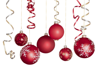 Red shiny decorative Christmas balls on white background