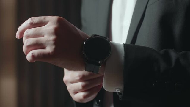 Close Up Of A Man In Jacket And White Classic Shirt Wearing A Watch. Dressing For Celebration Event, Business Meeting Or Wedding
