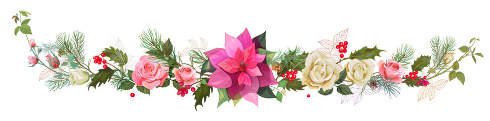 Panoramic view with roses, poinsettia flower (New Year Star), holly berry, pine branches, cones. Horizontal border for Christmas on white background, realistic digital draw, watercolor style, vector