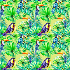 Toucan tropical birds and palm leaves watercolor seamless pattern on green background © Ekaterina Lanbina