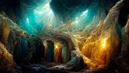 Concept of the cave of creation a metaphysical place where all interaction of souls on the planet are stored