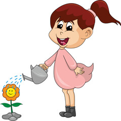 Beautiful girl in pink dress watering flowers cartoon vector illustration