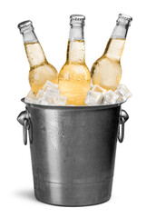 Beer Bottles in Bucket with ice cubes isolated on white © BillionPhotos.com