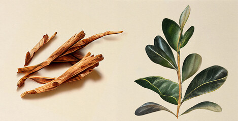 Sandal Wood (Santalum Album). Botanical illustration on white paper. The best medicinal plants,...