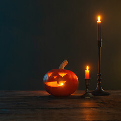 halloween pumpkins with burning candles on dark background