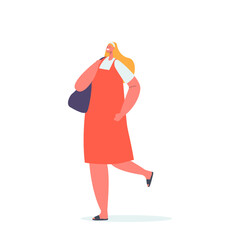 Blonde Woman Walk in Red Dress with Handbag Isolated on White Background. Young Female Character, Attractive Girl