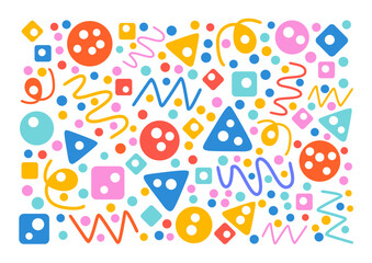Fototapeta na wymiar Colorful pattern. Circles, triangles, serpentine, dots, squares, rhombus and zigzag. Fun colorful line doodle shape background. 