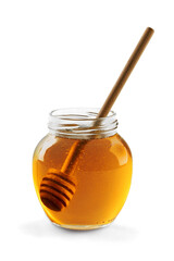 Fresh sweet honey with wooden honey dipper in glass jar isolated on white background