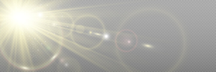 Special lens flash, light effect. The flash flashes rays and searchlight. illust.White glowing light. Beautiful star Light from the rays. The sun is backlit. Bright beautiful star. Sunlight. Glare.	