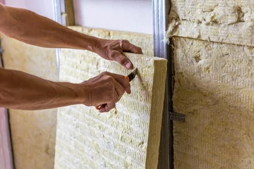 Fotobehang Worker insulating a room wall with mineral rock wool thermal insulation. © ba11istic