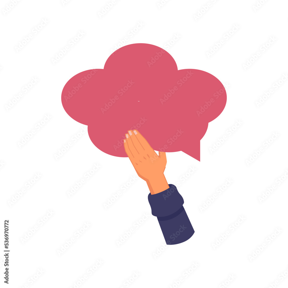 Aufkleber Hand holding chat or dialog bubble, isolated blank speech window with space for text. Empty feedback or review, balloon for thoughts. Vector in flat cartoon style