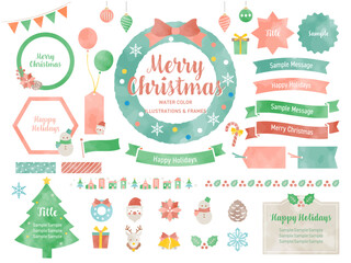 クリスマスの水彩風イラストとフレームのセット / サンタクロース、リース、クリスマスツリー、飾り / あしらい、イラスト、ベクター、アイコン / サンプル文字あり