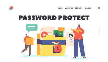 Password Protect Landing Page Template. Data Social Media Documents Security, Tiny Characters with Huge Folder and Key