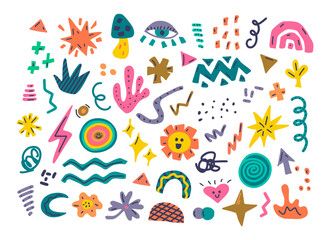 Set of colorful hand drawn doodles of different shapes, abstract elements for modern design, vector illustration on white background